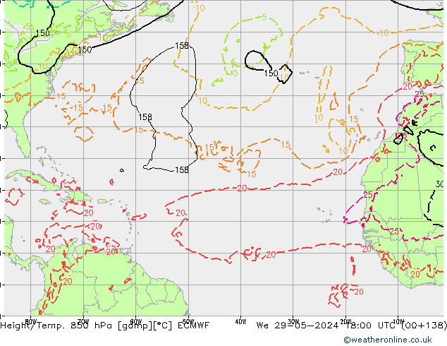 Height/Temp. 850 hPa ECMWF mer 29.05.2024 18 UTC