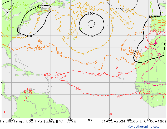 Hoogte/Temp. 850 hPa ECMWF vr 31.05.2024 12 UTC