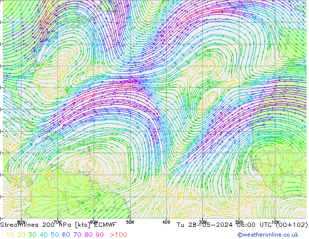 Streamlines 200 hPa ECMWF Tu 28.05.2024 06 UTC