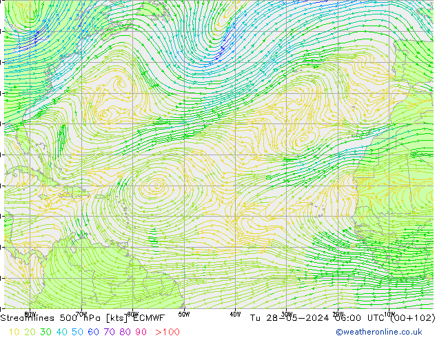 Línea de corriente 500 hPa ECMWF mar 28.05.2024 06 UTC