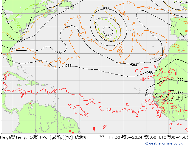 Height/Temp. 500 hPa ECMWF Qui 30.05.2024 06 UTC