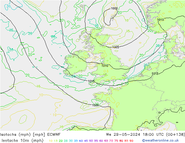 Isotachen (mph) ECMWF wo 29.05.2024 18 UTC