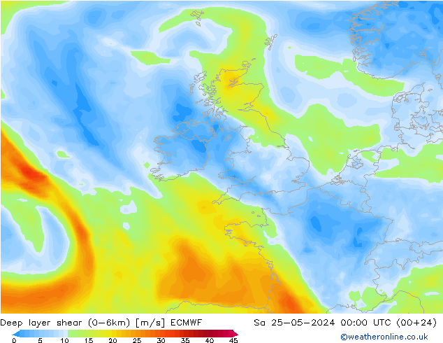 Deep layer shear (0-6km) ECMWF za 25.05.2024 00 UTC