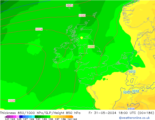 Dikte 850-1000 hPa ECMWF vr 31.05.2024 18 UTC