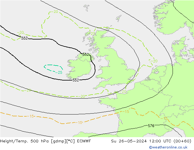 Z500/Rain (+SLP)/Z850 ECMWF Dom 26.05.2024 12 UTC