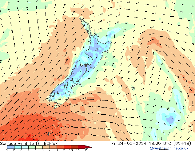 wiatr 10 m (bft) ECMWF pt. 24.05.2024 18 UTC