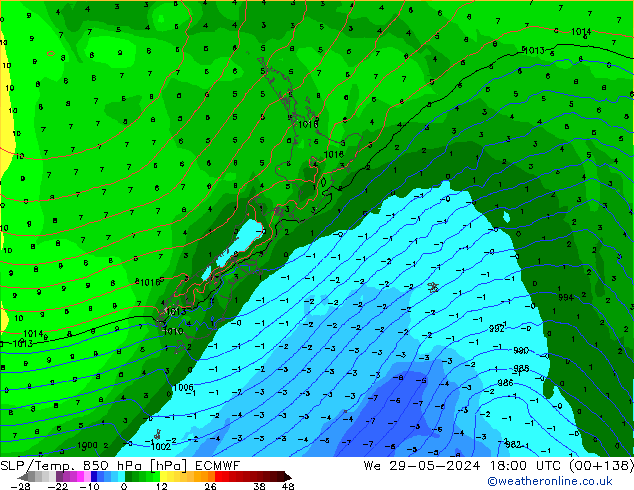 SLP/Temp. 850 hPa ECMWF Qua 29.05.2024 18 UTC