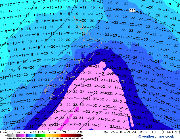 Z500/Rain (+SLP)/Z850 ECMWF We 29.05.2024 06 UTC