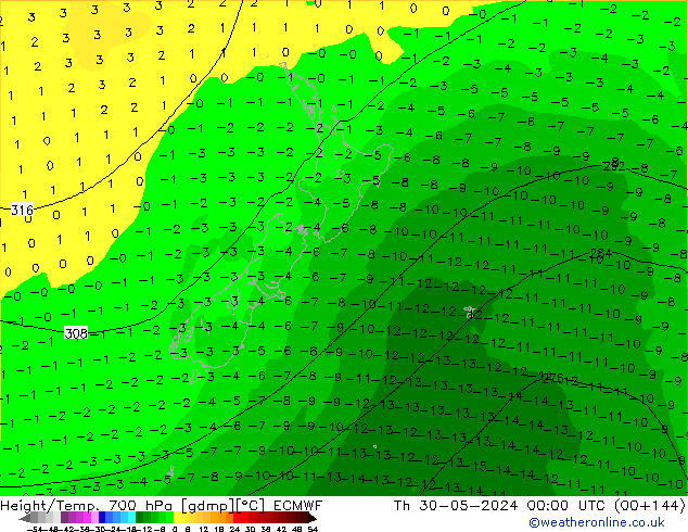 Height/Temp. 700 hPa ECMWF Qui 30.05.2024 00 UTC