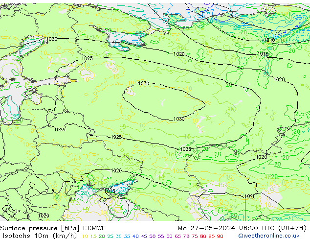 Isotaca (kph) ECMWF lun 27.05.2024 06 UTC