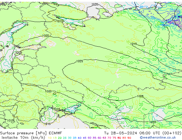 Isotachs (kph) ECMWF Tu 28.05.2024 06 UTC