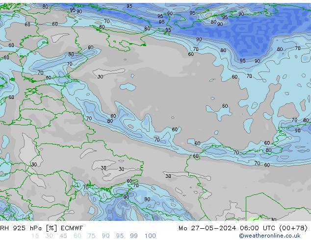 Humedad rel. 925hPa ECMWF lun 27.05.2024 06 UTC