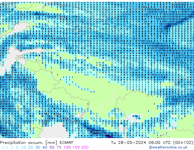 Precipitation accum. ECMWF вт 28.05.2024 06 UTC