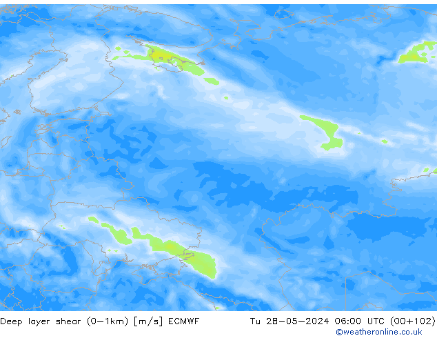 Deep layer shear (0-1km) ECMWF  28.05.2024 06 UTC