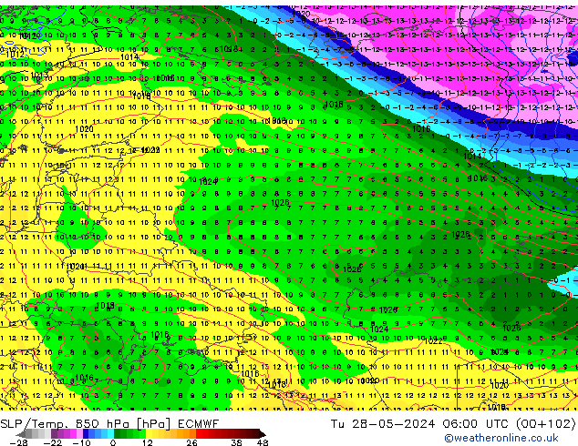 SLP/Temp. 850 hPa ECMWF  28.05.2024 06 UTC