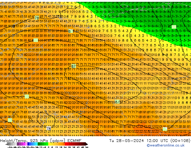 Geop./Temp. 925 hPa ECMWF mar 28.05.2024 12 UTC