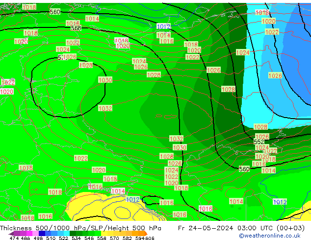 Dikte 500-1000hPa ECMWF vr 24.05.2024 03 UTC