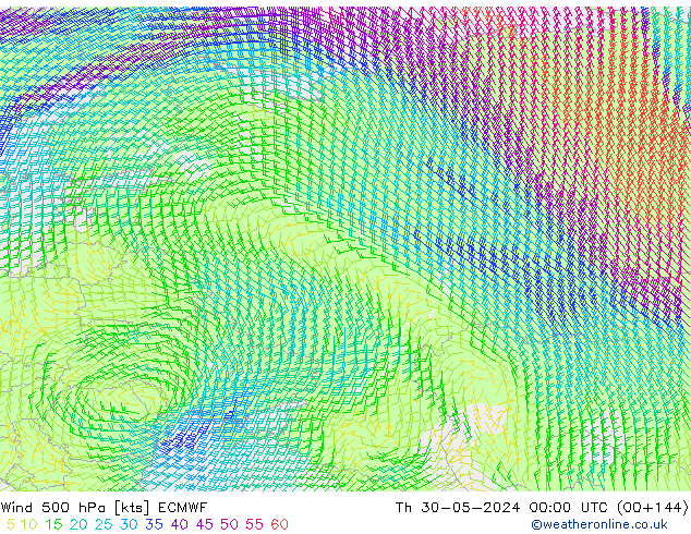 Vento 500 hPa ECMWF gio 30.05.2024 00 UTC