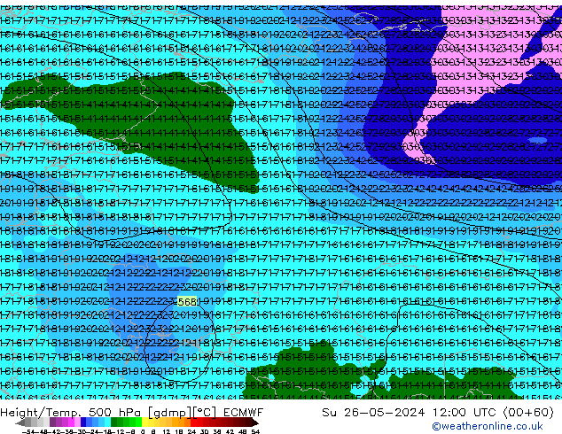 Z500/Rain (+SLP)/Z850 ECMWF Dom 26.05.2024 12 UTC