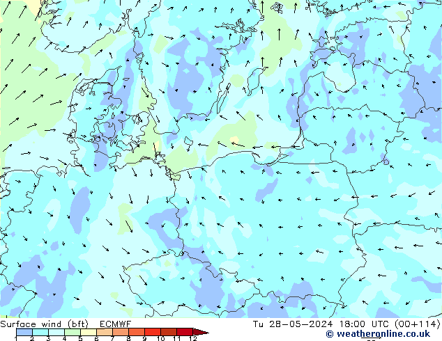 Surface wind (bft) ECMWF Tu 28.05.2024 18 UTC