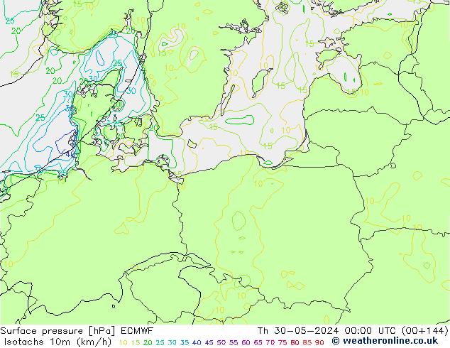 Isotachs (kph) ECMWF Čt 30.05.2024 00 UTC