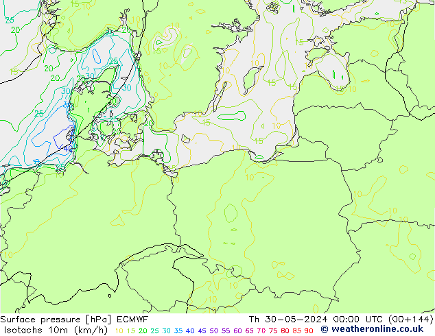 Isotachs (kph) ECMWF  30.05.2024 00 UTC