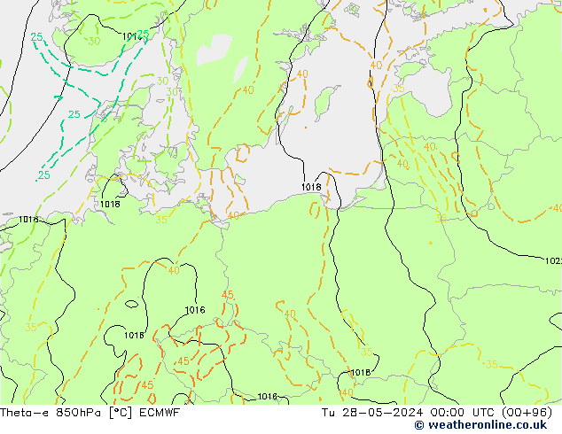 Theta-e 850hPa ECMWF Di 28.05.2024 00 UTC