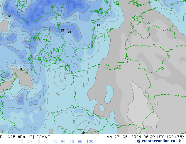 Humedad rel. 925hPa ECMWF lun 27.05.2024 06 UTC