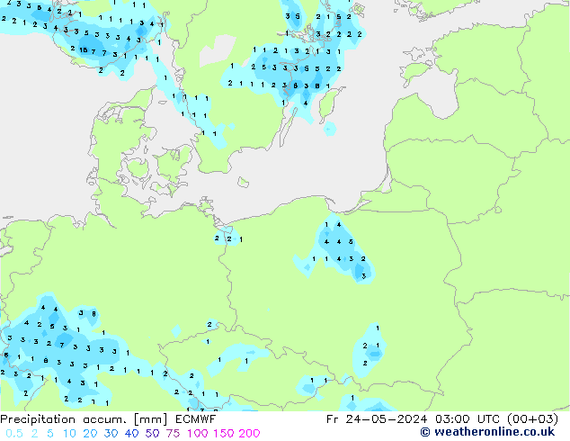 Precipitation accum. ECMWF Pá 24.05.2024 03 UTC