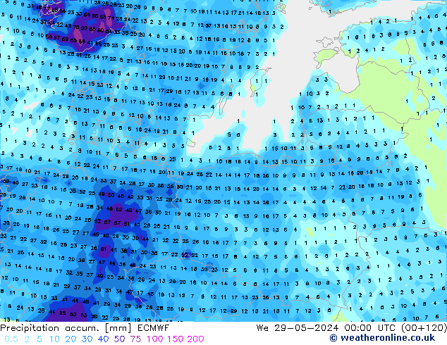 Precipitation accum. ECMWF St 29.05.2024 00 UTC