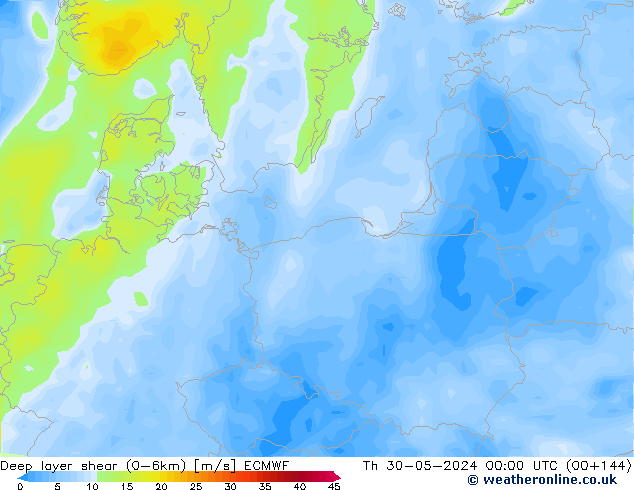 Deep layer shear (0-6km) ECMWF jeu 30.05.2024 00 UTC