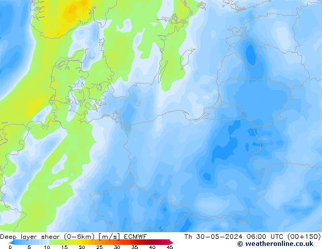 Deep layer shear (0-6km) ECMWF jeu 30.05.2024 06 UTC