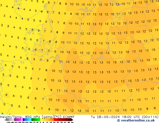 Height/Temp. 850 hPa ECMWF Út 28.05.2024 18 UTC