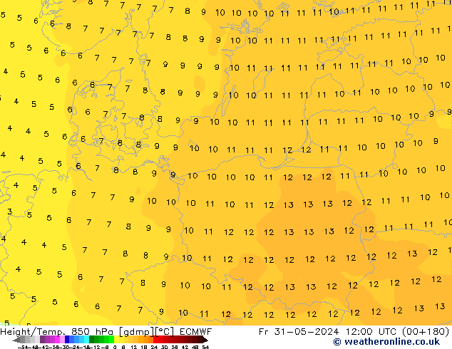 Hoogte/Temp. 850 hPa ECMWF vr 31.05.2024 12 UTC