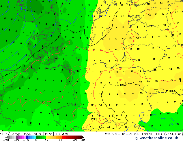 SLP/Temp. 850 hPa ECMWF Qua 29.05.2024 18 UTC