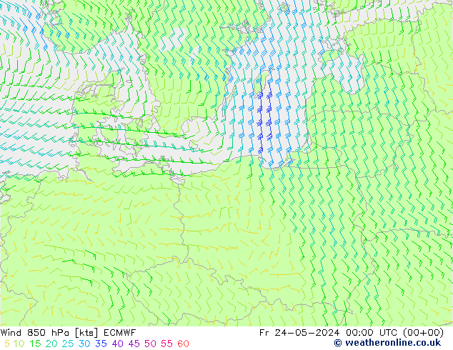 Rüzgar 850 hPa ECMWF Cu 24.05.2024 00 UTC