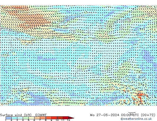 Vento 10 m (bft) ECMWF Seg 27.05.2024 00 UTC