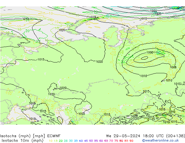 Isotachs (mph) ECMWF  29.05.2024 18 UTC