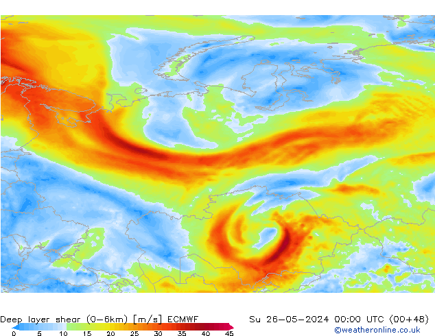 Deep layer shear (0-6km) ECMWF  26.05.2024 00 UTC