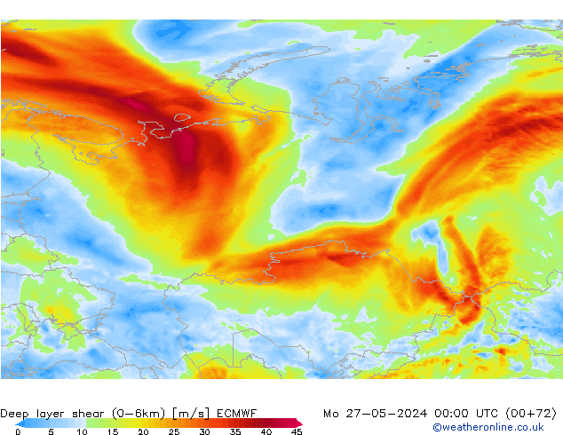 Deep layer shear (0-6km) ECMWF Mo 27.05.2024 00 UTC