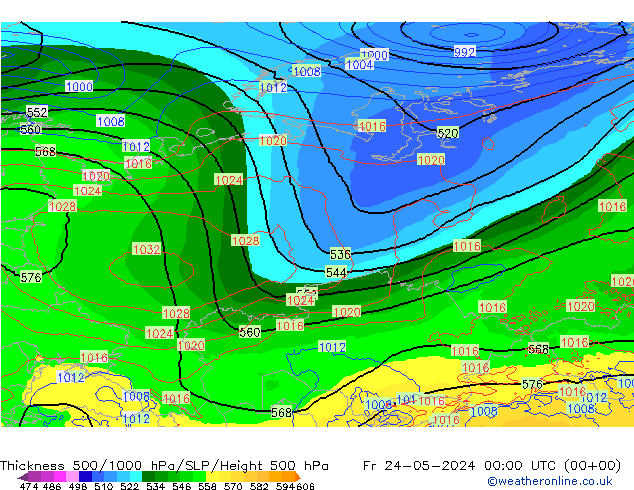 Espesor 500-1000 hPa ECMWF vie 24.05.2024 00 UTC