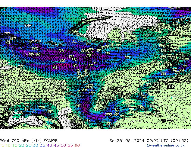 Wind 700 hPa ECMWF Sa 25.05.2024 09 UTC