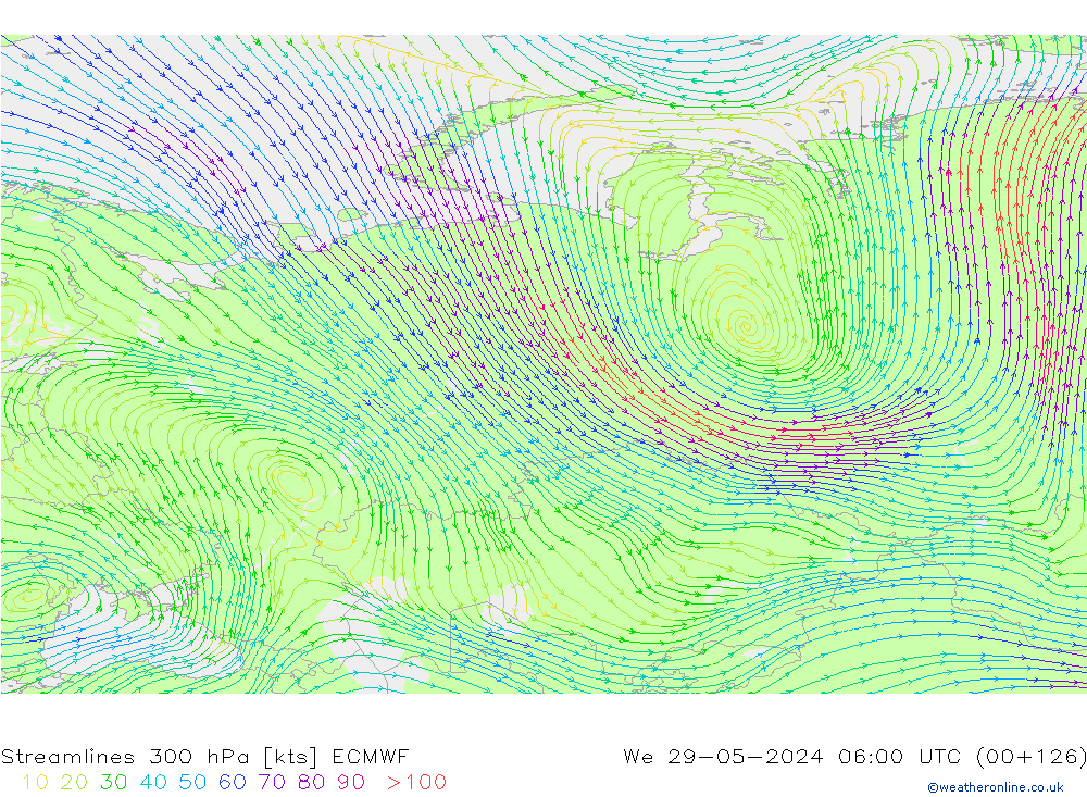 Ligne de courant 300 hPa ECMWF mer 29.05.2024 06 UTC