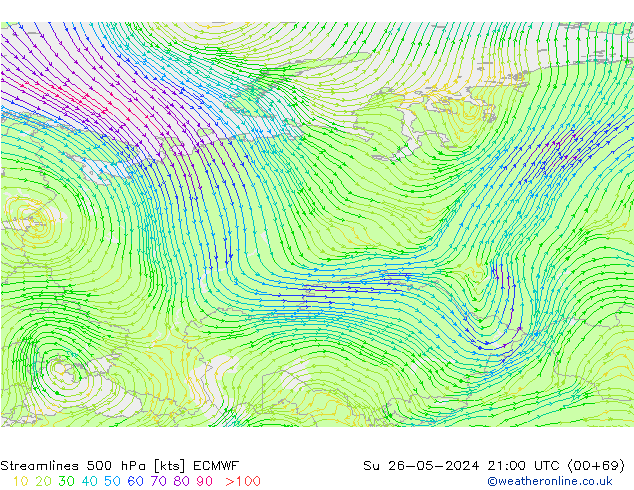 Streamlines 500 hPa ECMWF Su 26.05.2024 21 UTC