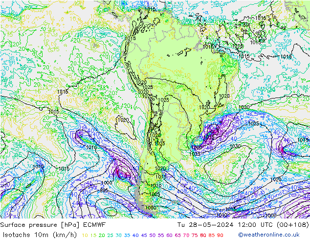 Isotachs (kph) ECMWF Tu 28.05.2024 12 UTC