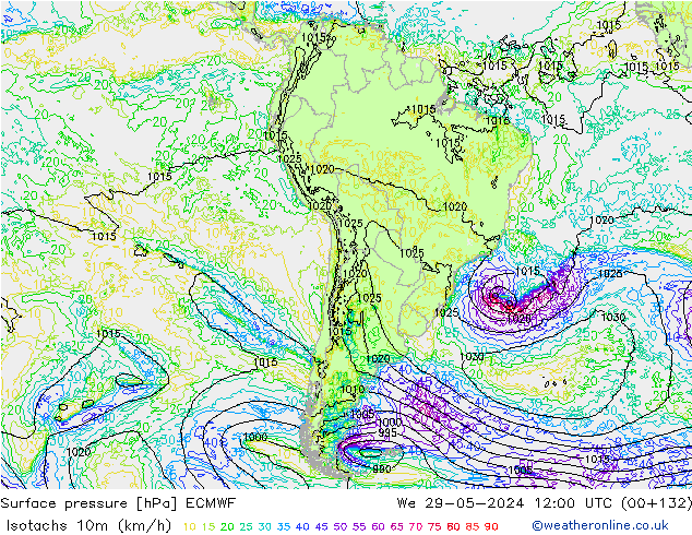 Isotachen (km/h) ECMWF wo 29.05.2024 12 UTC