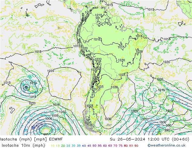 Isotachen (mph) ECMWF So 26.05.2024 12 UTC