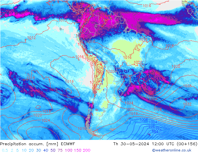 Precipitation accum. ECMWF czw. 30.05.2024 12 UTC