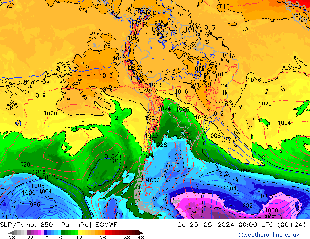 SLP/Temp. 850 hPa ECMWF za 25.05.2024 00 UTC