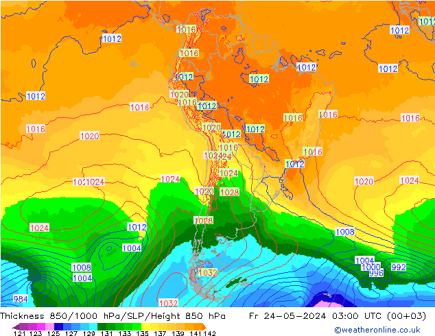 Espesor 850-1000 hPa ECMWF vie 24.05.2024 03 UTC